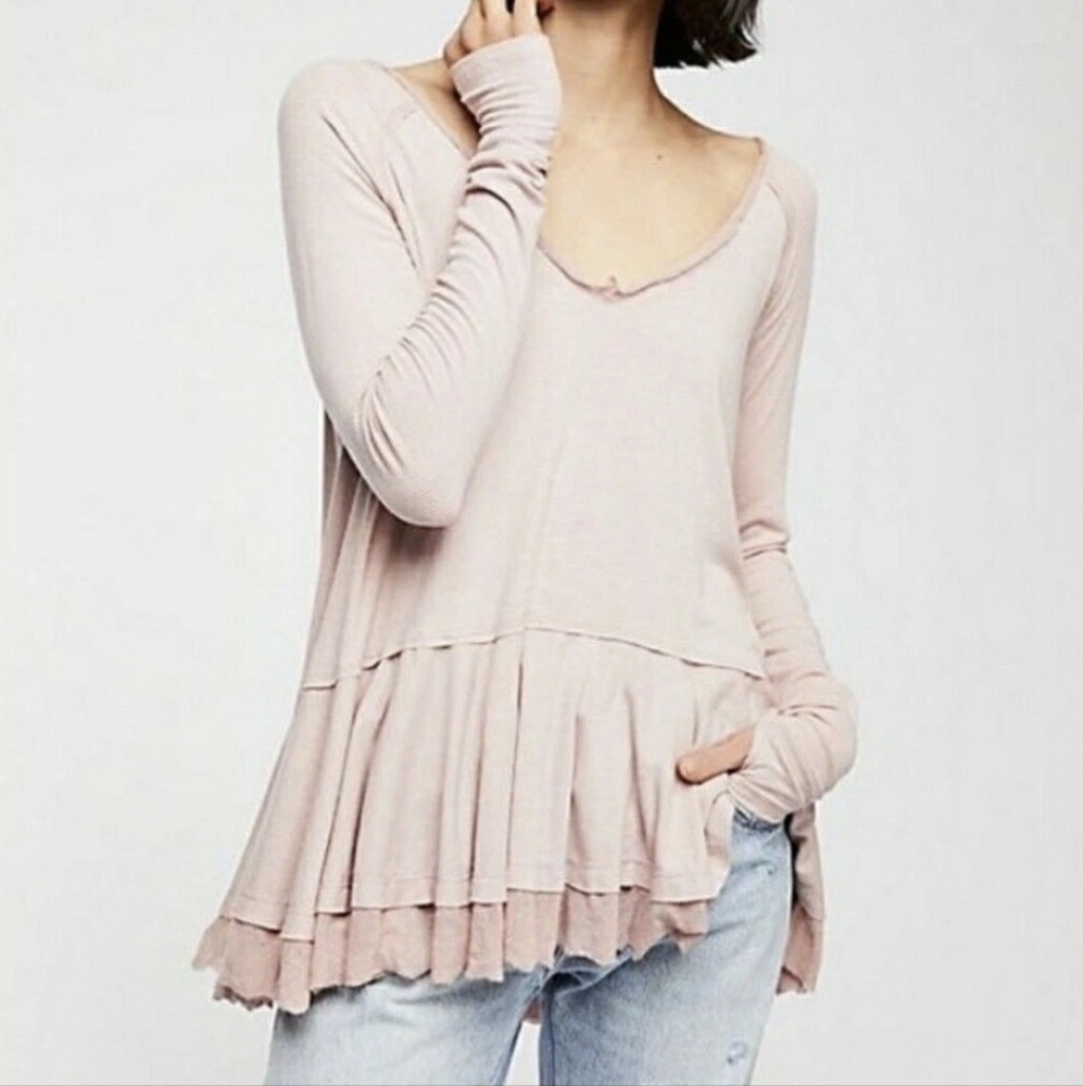 Free People Pale Pink Mauve Ruffled Hem Long Sleeve Tunic Top